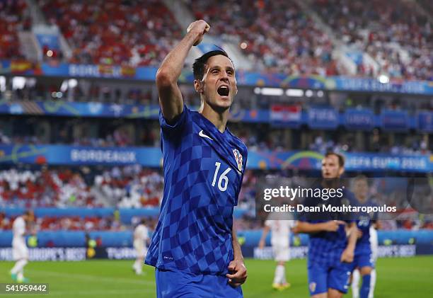 Nikola Kalinic of Croatia celebrates scoring his team's first goal during the UEFA EURO 2016 Group D match between Croatia and Spain at Stade Matmut...