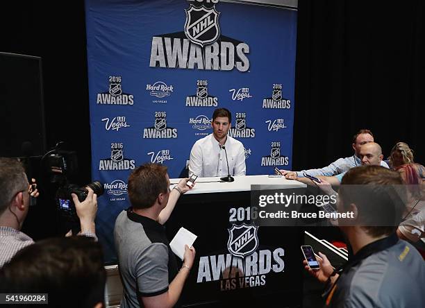 John Tavares of the New York islanders speaks with the media during a press availability on June 21, 2016 at the Encore Ballroom in Las Vegas,...