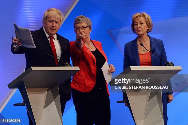 Boris Johnson, Gisela Stuart and Andrea Leadsom take part in The Great Debate on the EU Referendum at Wembley in London on June 21, 2016. Polls show...
