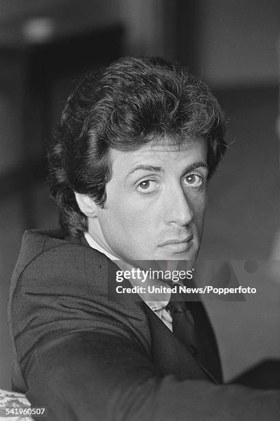 American actor Sylvester Stallone who plays the character of Rocky Balboa in the film Rocky III, pictured in London on 15th July 1982.