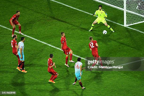 Ozan Tufan of Turkey scores his team's second goal during the UEFA EURO 2016 Group D match between Czech Republic and Turkey at Stade...