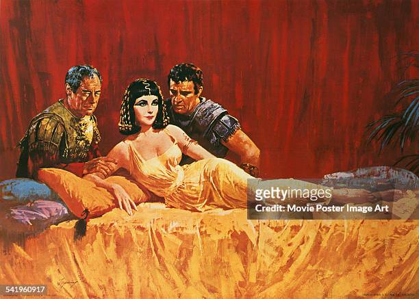 Artwork for the French release of Joseph L Mankiewicz's 1963, epic, 'Cleopatra', starring Rex Harrison, Elizabeth Taylor and Richard Burton.