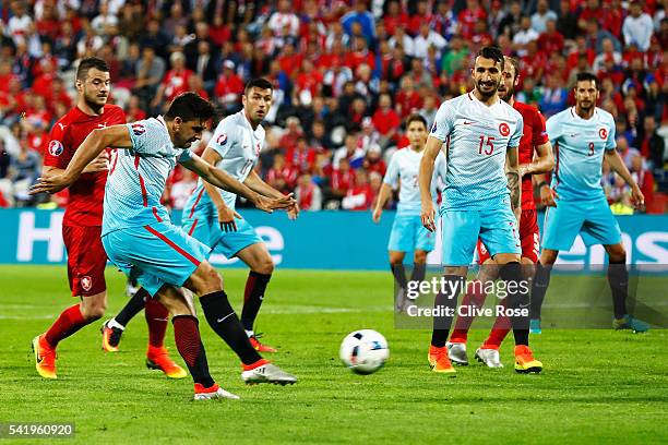 Ozan Tufan of Turkey scores his team's second goal during the UEFA EURO 2016 Group D match between Czech Republic and Turkey at Stade...