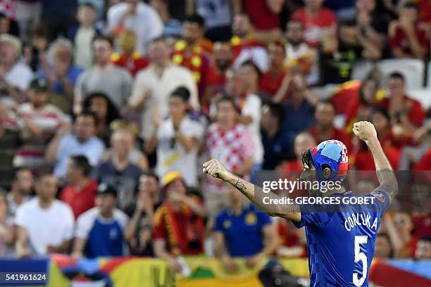 Croatia's defender Vedran Corluka celebrates his team's equalising goal during the Euro 2016 group D football match between Croatia and Spain at the...