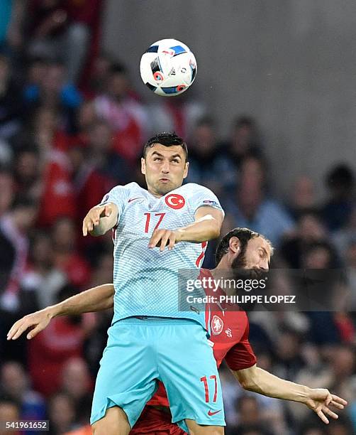 Turkey's forward Burak Yilmaz vies with Czech Republic's defender Roman Hubnik during the Euro 2016 group D football match between Czech Republic and...