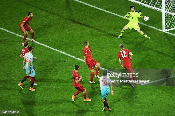 Ozan Tufan of Turkey scores his team's second goal during the UEFA EURO 2016 Group D match between Czech Republic and Turkey at Stade...