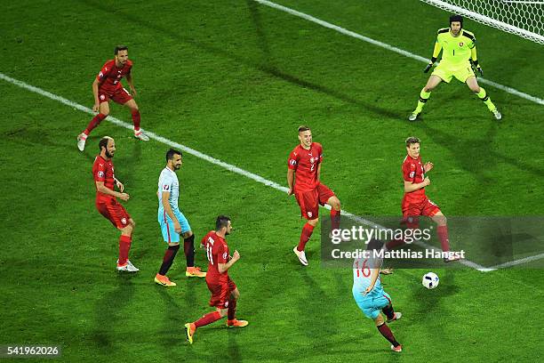 Ozan Tufan of Turkey scores his team's second goal during the UEFA EURO 2016 Group D match between Czech Republic and Turkey at Stade...