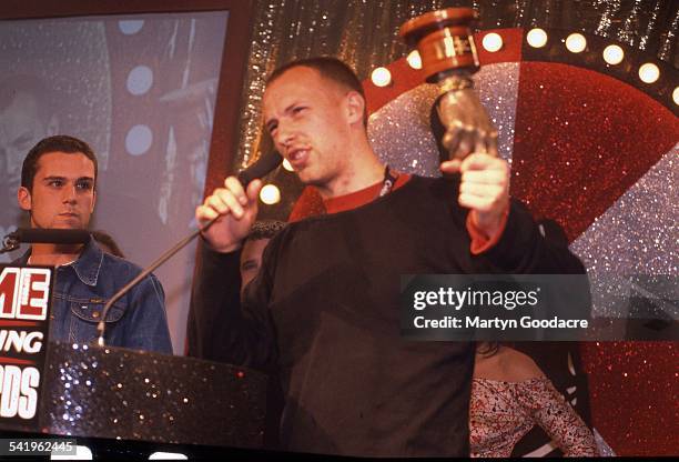 Chris Martin and Guy Berryman of Coldplay at the NME Awards, United Kingdom, 2001.