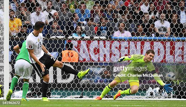 Michael McGovern of Northern Ireland saves from Mario Gomez of Germany during the UEFA EURO 2016 Group C match between Northern Ireland and Germany...