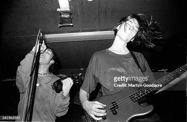 Blur Damon Albarn and Alex James of Blur perform on stage, United Kingdom, 1990.