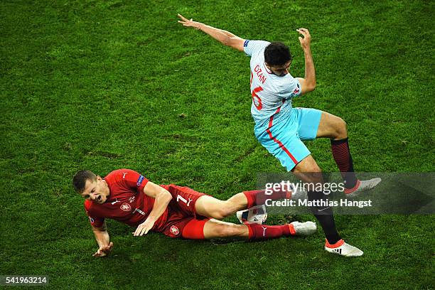 Ozan Tufan of Turkey and Tomas Necid of Czech Republic compete for the ball during the UEFA EURO 2016 Group D match between Czech Republic and Turkey...