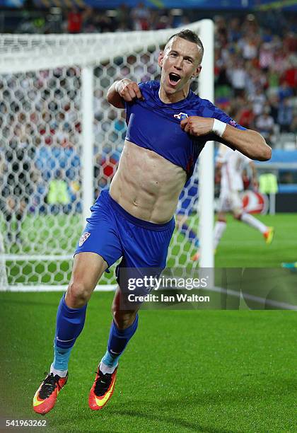 Ivan Perisic of Croatia celebrates scoring his team's second goal during the UEFA EURO 2016 Group D match between Croatia and Spain at Stade Matmut...