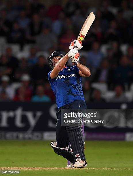 Liam Plunkett of England hits six runs from the final ball to tie the 1st ODI Royal London One Day match between England and Sri Lanka at Trent...