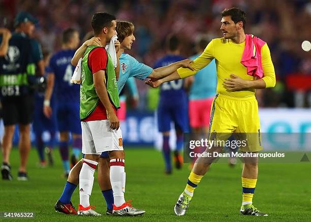 Luka Modric of Croatia and Iker Casillas of Spain shake hands after the UEFA EURO 2016 Group D match between Croatia and Spain at Stade Matmut...