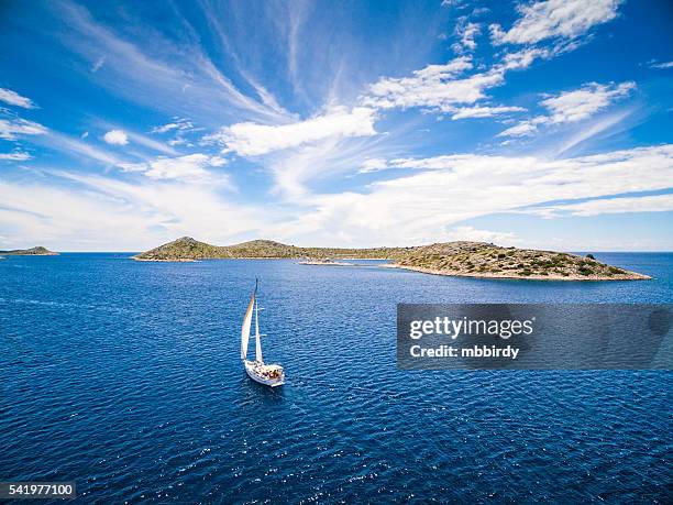 sailing with sailboat, view from drone - croatia cruise stock pictures, royalty-free photos & images