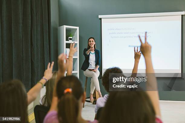 kids coding in school. - projection equipment stock pictures, royalty-free photos & images
