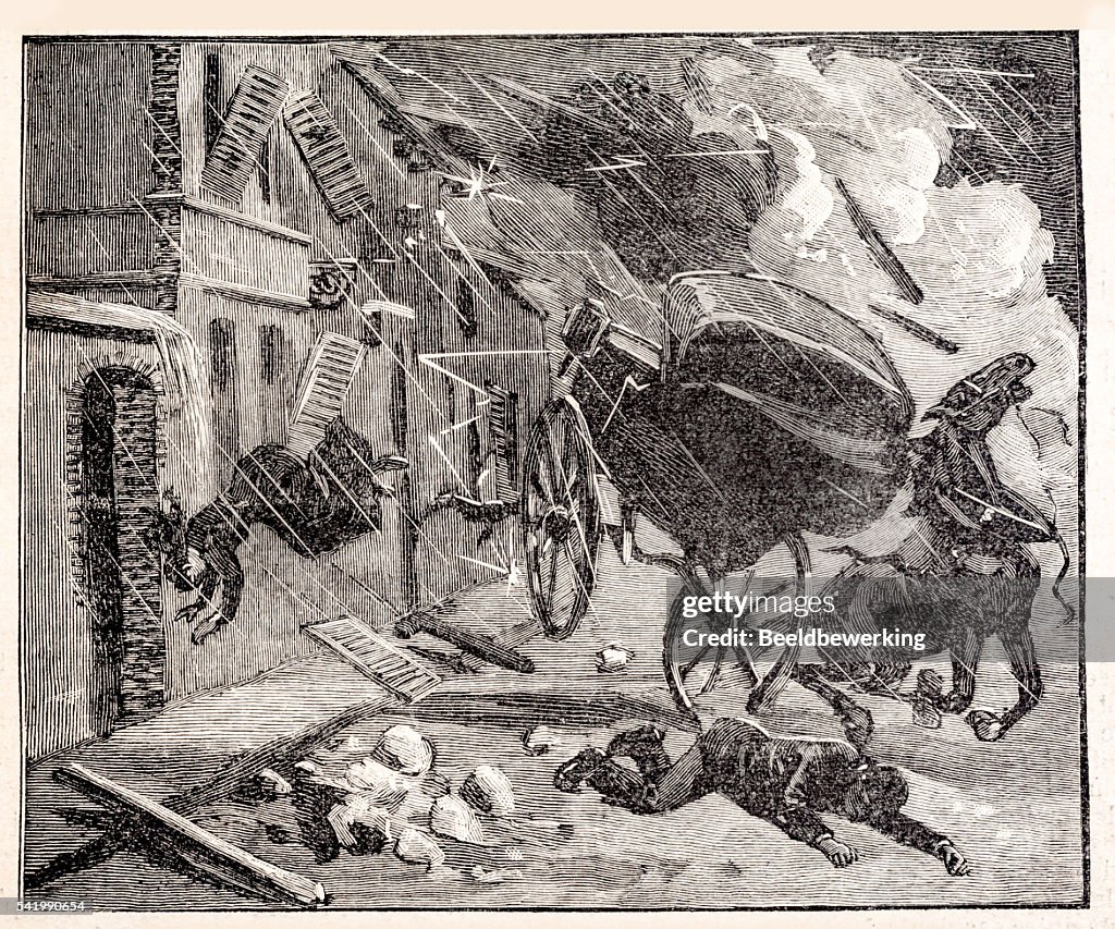 Engraving Hurricane people and carriage flying