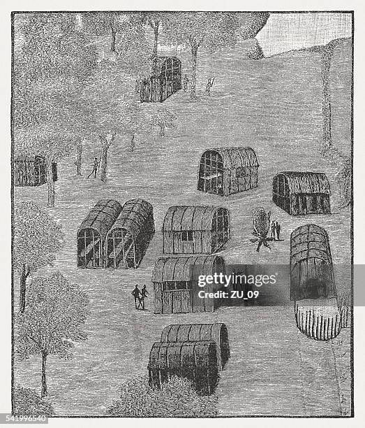 native american village of secotan in roanoke, published 1884 - roanoke settlement stock illustrations