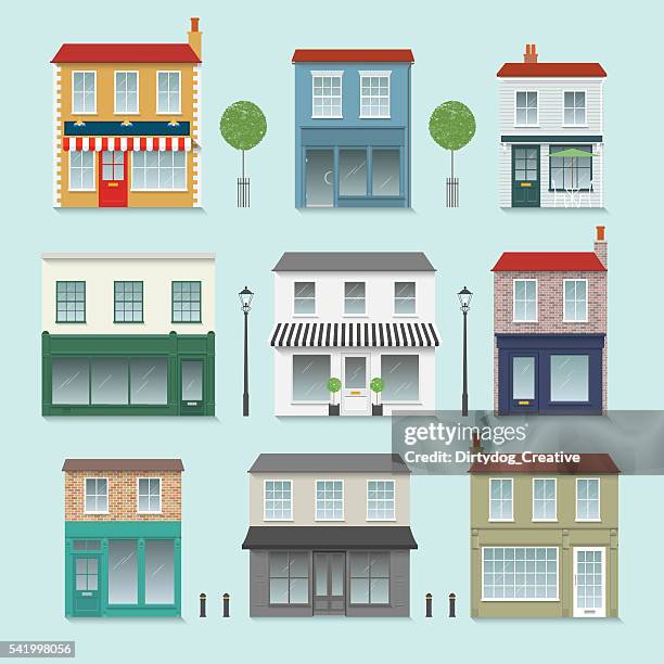 stockillustraties, clipart, cartoons en iconen met shop front set inc. trees, street lights and bollards - straatlamp