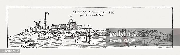 new amsterdam (new york), manhatten, 17th century, published in 1884 - new amsterdam stock illustrations