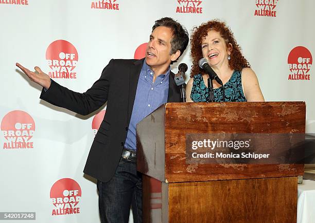 Ben Stiller and Amy Stiller accept a posthumous award on behalf of their mother, Anne Meara, at the 2016 Off Broadway Alliance Awards at Sardi's on...