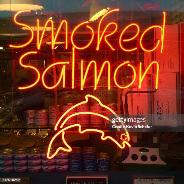 "Smoked Salmon" fish shop, neon sign, Pike Place Market, SEATTLE, USA, February 25, 2015