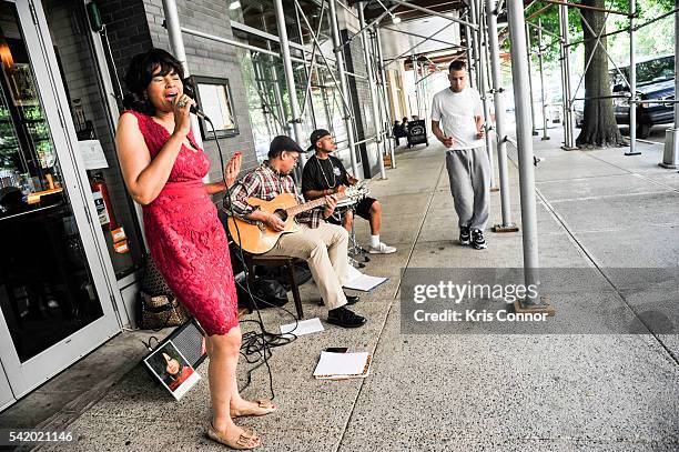 Benita Charles, Peter Archer and Jose Rodriguez perform during "Make Music Day: Uptown Funk/Street Studio Harlem" at Mist Harlem on June 21, 2016 in...