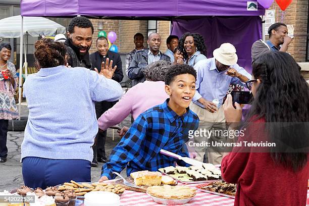 Block Party" Episode 107 -- Pictured: Hilda Boulware as Mrs. Stokes, Mike Epps as Buck Russell, Anne Johnson as Mrs. Delk, Sayeed Shahidi as Miles...