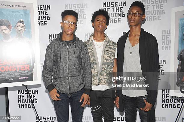 Musicians Jarad Dawkins , Malcolm Brickhouse and Alec Atkins attend "Breaking A Monster" New York Screening at Museum of the Moving Image on June 21,...