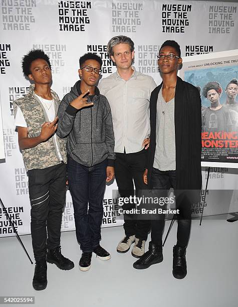 Musicians Malcolm Brickhouse, Jarad Dawkins, Luke Meyer and Alec Atkins attend "Breaking A Monster" New York Screening at Museum of the Moving Image...