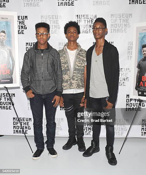 Musicians Jarad Dawkins , Malcolm Brickhouse and Alec Atkins attend "Breaking A Monster" New York Screening at Museum of the Moving Image on June 21,...