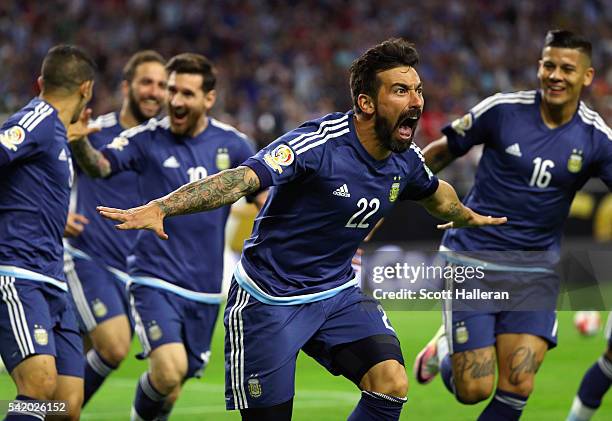 Ezequiel Lavezzi of Argentina celebrates scoring a first half goal against the United States during a 2016 Copa America Centenario Semifinal match at...