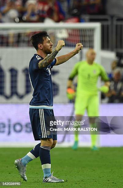 Argentina's Lionel Messi celebrates after scoring against USA during their Copa America Centenario semifinal football match in Houston, Texas, United...