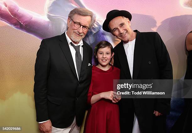 Director/producer Steven Spielberg, actors Ruby Barnhill and Mark Rylance attend Disney's "The BFG" premiere at the El Capitan Theatre on June 21,...