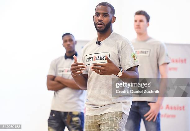Chris Paul, Kris Dunn and Jakob Poeltl attend the unveiling with NBA Cares and State Farm of NYC Assist, a Teen Learning Center at Educational...
