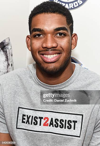 Basketball player Karl-Anthony Towns attends the unveiling with NBA Cares and State Farm of NYC Assist, a Teen Learning Center at Educational...