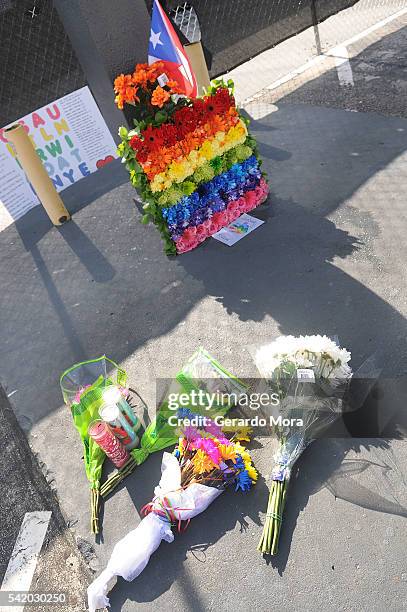 Flowers for the victims of the Pulse Nightclub shooting lie at the front of the nightclub on June 21, 2016 in Orlando, Florida. The Orlando community...