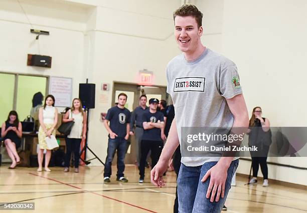 Prospect Jakob Poeltl attends a basketball clinic during the unveiling with NBA Cares and State Farm of NYC Assist, a Teen Learning Center at...