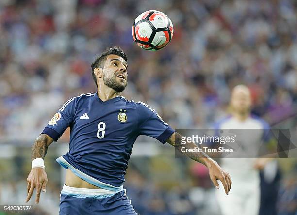 Augusto Fernandez of Argentina controls the ball during the Semifinal match between United States and Argentina at NRG Stadium as part of Copa...
