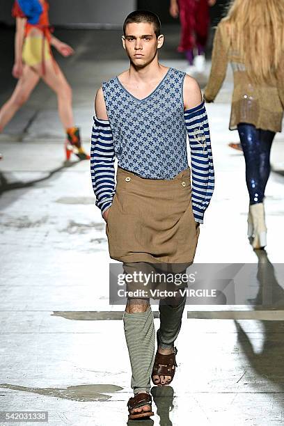 Model walks the runway at the Vivienne Westwood show during Milan Men's Fashion Week Spring/Summer 2017 on June 19, 2016 in Milan, Italy.