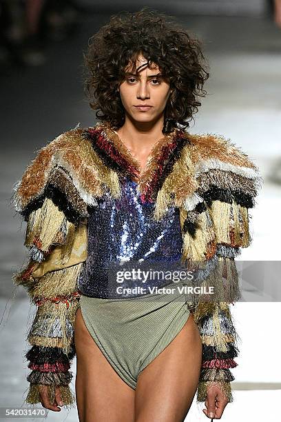 Model walks the runway at the Vivienne Westwood show during Milan Men's Fashion Week Spring/Summer 2017 on June 19, 2016 in Milan, Italy.