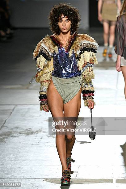 Model walks the runway at the Vivienne Westwood show during Milan Men's Fashion Week Spring/Summer 2017 on June 19, 2016 in Milan, Italy.