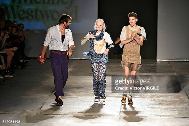 Fashion designer Vivienne Westwood walks the runway at the Vivienne Westwood show during Milan Men's Fashion Week Spring/Summer 2017 on June 19, 2016...