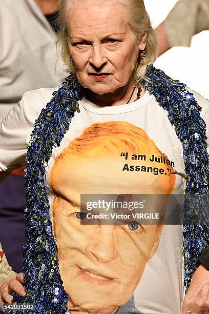 Fashion designer Vivienne Westwood walks the runway at the Vivienne Westwood show during Milan Men's Fashion Week Spring/Summer 2017 on June 19, 2016...