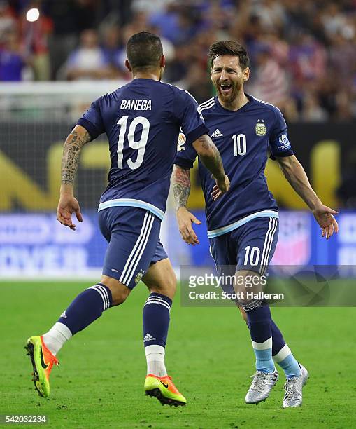 Lionel Messi of Argentina celebrates with Ever Banega after scoring a goal on a free kick in the first half against the United States during a 2016...