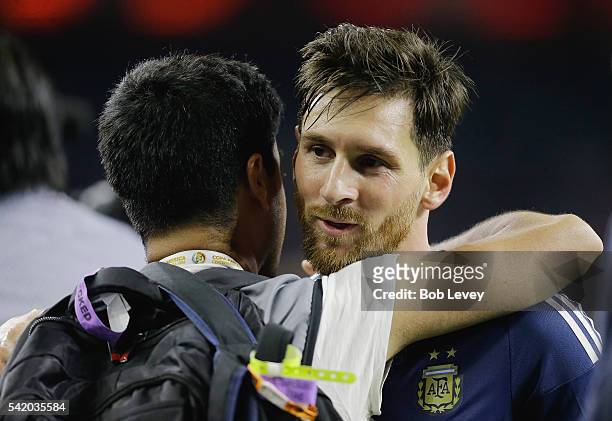 Lionel Messi of Argentina reacts after defeating the United States 4-0 in a 2016 Copa America Centenario Semifinal match at NRG Stadium on June 21,...