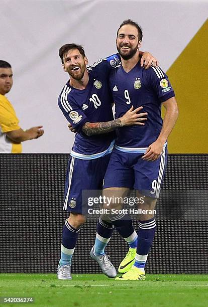Gonzalo Higuain of Argentina celebrates with Lionel Messi after scoring a goal in the second half against the United States during a 2016 Copa...