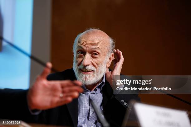 Carlo Petrini, writer and Slow Food founder, during his speech at the XXIX International Book Fair in Turin. Lingotto Fiere, May 13, 2016