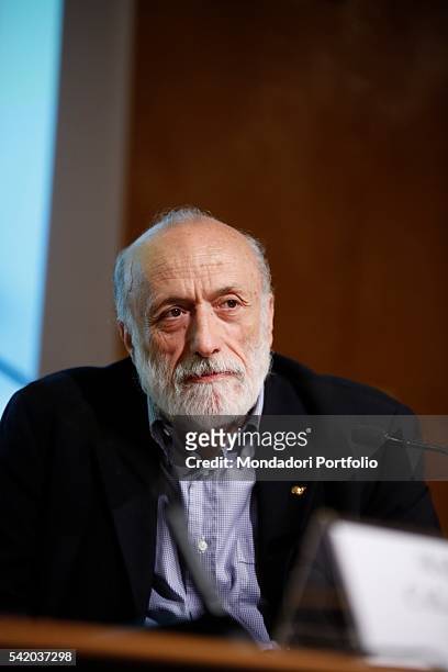 Carlo Petrini, writer and Slow Food founder, during his speech at the XXIX International Book Fair in Turin. Lingotto Fiere, May 13, 2016