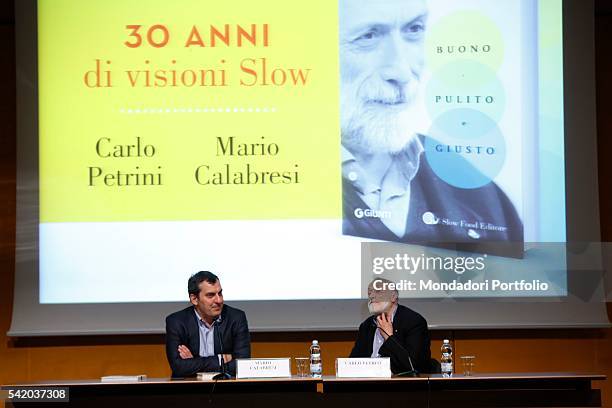 Carlo Petrini, writer and Slow Food founder, during his speech at the XXIX International Book Fair in Turin. Lingotto Fiere, May 13, 2016